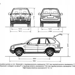 BMW E60 wymiary: schemat z widokami przód, tył i bok, z podanymi wymiarami długości, szerokości i wysokości.