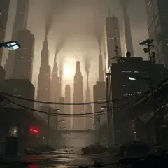 Mroczne, zanieczyszczone miasto przyszłości. Dymiące wieżowce, druty kolczaste i zniszczone samochody tworzą obraz dystopii.