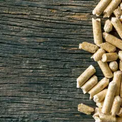 Drewniane deski i stos pelletu. Czy pellet jest ekologiczny? To pytanie zadaje sobie wielu, a ten obrazek pokazuje jego naturalne pochodzenie.