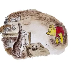 Winnie the Pooh original illustrations: Rabbit stands in his burrow, looking at Pooh Bear. Shelves with jars are visible.