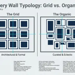 A graphic comparing "The Grid" gallery wall with uniformly spaced frames to "The Organic" gallery wall with varied frame sizes and placements.