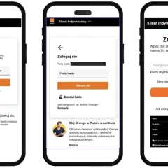 Trzy ekrany aplikacji Mój Orange pokazują proces logowania. Można tu znaleźć kod na sprawdzenie internetu Orange.