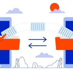 Ilustracja pokazuje, jak przenieść dane z telefonu na telefon. Kobieta wkłada dokumenty do folderu na jednym telefonie, a strzałki symbolizują transfer danych do drugiego telefonu.
