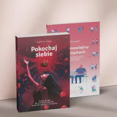 Książka dla faceta "Pokochaj siebie" z koroną i płatkami róż. Obok druga książka o relacjach.