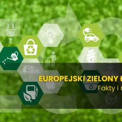 Grafika z ikonami symbolizującymi ekologię i hasłem "Europejski Zielony Ład".