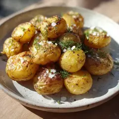 En tallrik med gyllene, råstekt potatis i airfryer, toppad med färsk dill och flingsalt. Perfekt som tillbehör!