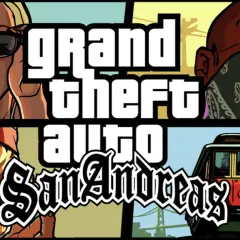 Okładka GTA San Andreas: kobieta w okularach, mężczyzna w bandanie, mężczyzna z brodą i tramwaj. Rozpocznij swoją gta sa journey!