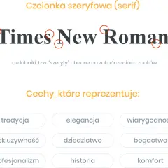 Czcionka szeryfowa Times New Roman, z widocznymi ozdobnikami, symbolizuje tradycję, elegancję i wiarygodność.