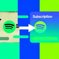 Stary plan Spotify przechodzi w nowy plan "Subscription" z zielonym logo Spotify.