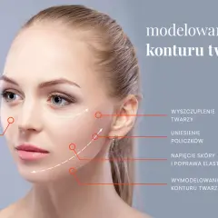 Modelowanie konturu twarzy: wyszczuplenie, uniesienie policzków, napięcie skóry i poprawa elastyczności.