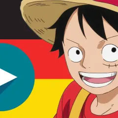 Luffy lächelt vor der deutschen Flagge. Hier erfährst du, wo man One Piece gucken kann. Ein Play-Button ist sichtbar.