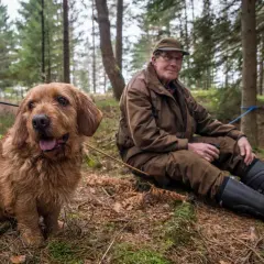 En man i skogen vilar bredvid sin trogna diabetes hund.