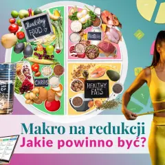 Grafika przedstawia talerz podzielony na sekcje z produktami bogatymi w makroelementy: białko, węglowodany i zdrowe tłuszcze. Obok widać wodę, owoce, warzywa i kobietę mierzącą talię.