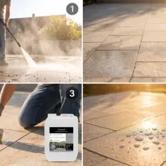 Schritt 1: Betonpflaster reinigen. Schritt 2: Nasse Fläche. Schritt 3: Mit Nanotol Steinversiegelung auftragen. Schritt 4: Wasser perlt ab.