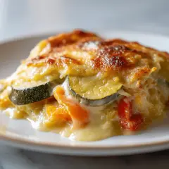 Un gratin de légumes doré et appétissant, avec des courgettes, poivrons et une sauce crémeuse, prêt à être dégusté.