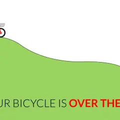Bicicletta rossa in cima a una collina verde. Il testo dice "YOUR BICYCLE IS OVER THERE", un esempio di avverbi di luogo in inglese.