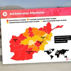 Mapa pokazuje, gdzie leży Afganistan i jakie prowincje są pod kontrolą talibów. Kolory oznaczają stopień zagrożenia.