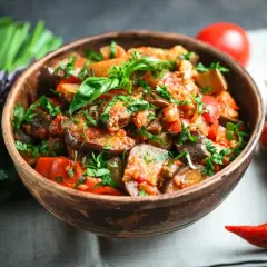 A miseczce caponata siciliana, pełna bakłażana, pomidorów i papryki, ozdobiona świeżą bazylią i pietruszką.