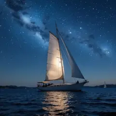 Una nave di notte solca il mare sotto la Via Lattea. Le vele illuminate riflettono la luce stellare, creando un'atmosfera magica.