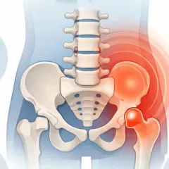 Douleur et inflammation dans la région des muscles paravertébraux lombaires et de la hanche, avec des icônes symbolisant la force, le mouvement et la rééducation.