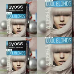 Pudełko farby Syoss Cool Blonds, obiecujące 4 poziomy rozjaśnienia dla idealnego blondu.