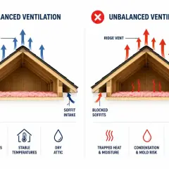 Balanced attic ventilation with soffit intake allows continuous airflow, unlike blocked soffits which trap heat and moisture.