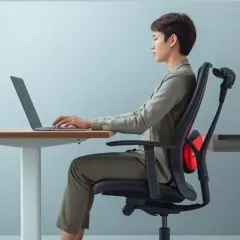 Kobieta z przepukliną kręgosłupa pracuje przy biurku, używając ergonomicznego krzesła z podparciem lędźwiowym.