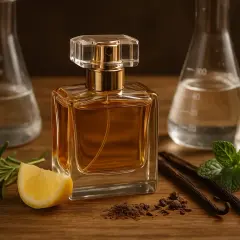 Elegancka butelka perfum otoczona naturalnymi składnikami: lawendą, cytryną, wanilią, miętą i bursztynem.