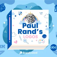 A collage celebrating Paul Rand's logos, featuring his portrait and iconic designs like IBM, UPS, and ABC, set against a whimsical blue background with clouds and stars.