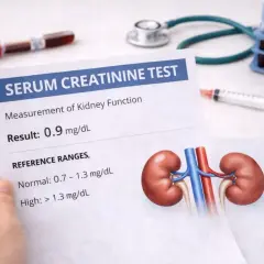 Wynik badania kreatyniny 0.9 mg/dL mieści się w normie, co świadczy o prawidłowej funkcji nerek.
