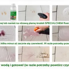 Demonstracja chemicznego usuwania rdzy z kostki brukowej za pomocą SPECIALCHEM Rust clean. Efekty widoczne po spryskaniu, szczotkowaniu i spłukaniu.