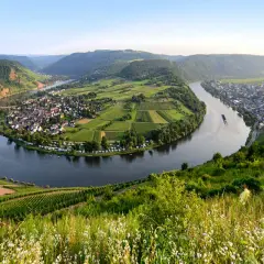 Ein malerischer Flusswindung mit Weinbergen, einem Dorf und einer Brücke. Ein perfektes Beispiel für interessante Reiseziele in Deutschland.