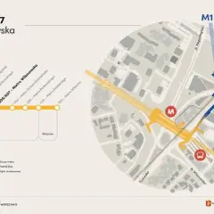 Mapa przedstawia przebieg linii **metro M1** i M4, ze szczególnym uwzględnieniem stacji Metro Wilanowska.