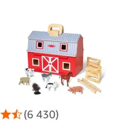 Drewniana stodola Melissa & Doug z figurkami zwierząt: krowa, koza, koń, owca, pies, indyk i świnka.