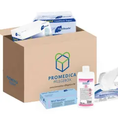 Promedica Pflegebox mit Desinfektionsmittel, Handschuhen und Tüchern. Eine praktische Liste an Pflegehilfsmittel zum Verbrauch.