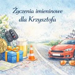 Życzenia imieninowe dla Krzysztofa: sportowy samochód, kluczyki, kufel piwa i prezent.