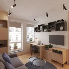 Jak zaprojektować pokój: przytulny salon z miejscem do pracy, sofą, biurkiem i telewizorem.