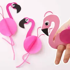 Basteln mit Papier: Süße Flamingos mit Federn und Schnur. Ein Flamingo wird als Ring getragen.