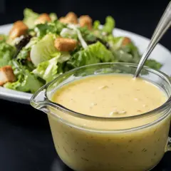 Cremosa salsa césar en una jarra de vidrio, lista para aderezar una ensalada fresca con lechuga y crutones.
