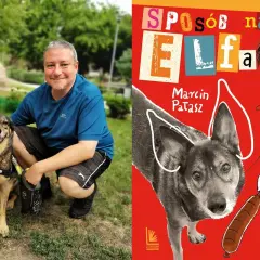 Mężczyzna z psem na spacerze obok okładki książki "Sposób na elfa".
