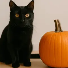 A black cat with bright orange eyes sits next to a pumpkin. Is pumpkin good for cats? This feline seems curious about the autumn gourd.