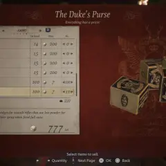 Menu z amunicją w Resident Evil Village. Widać tu różne rodzaje naboi, w tym do karabinu snajperskiego i karabinu, oraz ich ceny.