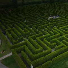 Ogromny labirynt leba z żywopłotu, z ludźmi spacerującymi po ścieżkach. Obok znajduje się spiralny ogród.
