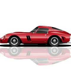 Un icónico Ferrari de los años 70, rojo brillante, con su reflejo perfecto.