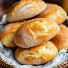 Cesto pieno di panini fatti in casa, dorati e fragranti, pronti per essere gustati.