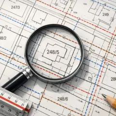Lupa powiększa działkę 248/5 na mapie geodezyjnej. Obok leży linijka i ołówek, gotowe do pracy.