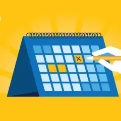 Un calendario anual muestra un día marcado con una X. El texto "100 ARTÍCULOS" aparece en la esquina superior izquierda.