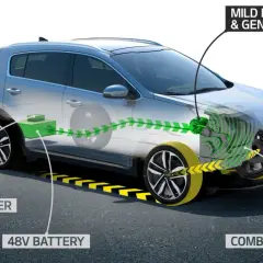 Schema di un'auto ibrida diesel con motore a combustione, batteria 48V, convertitore DC/DC e sistema Mild Hybrid Starter & Generator.