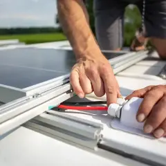 Montaż paneli słonecznych. Ręce instalatora łączą przewody, dbając o każdy szczegół, jakby mierzyły jednostkę rezystywności.