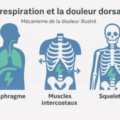 Illustration du diaphragme, des muscles intercostaux et du squelette, montrant le lien entre la respiration et la douleur dorsale. La respiration consciente bienfaits.